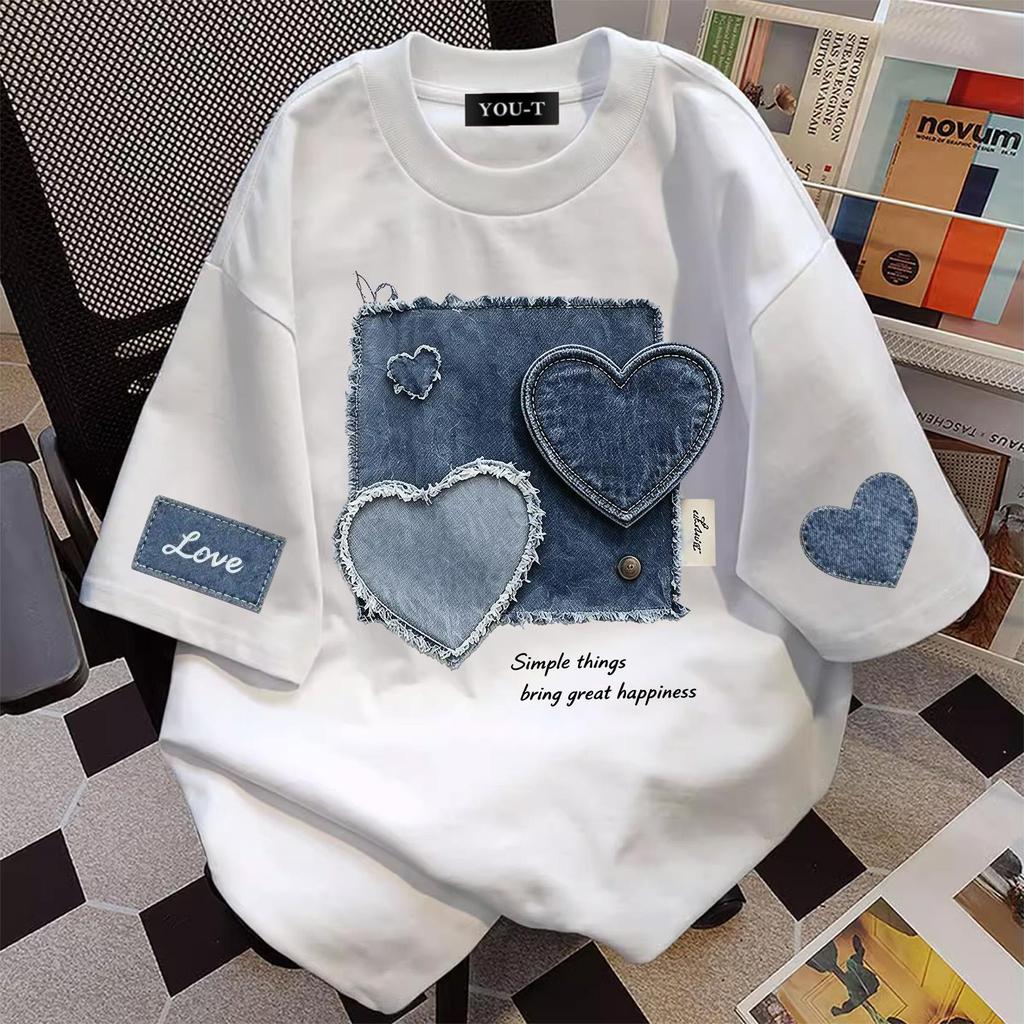 Top.street【ใหม่】 เสื้อยืด Oversize แขนสั้น ผ้านุ่ม ระบายอากาศได้ดี พิมพ์ลาย วินเทจ แนวสตรีท การ์ตูน 'Cowboy Heart' COD