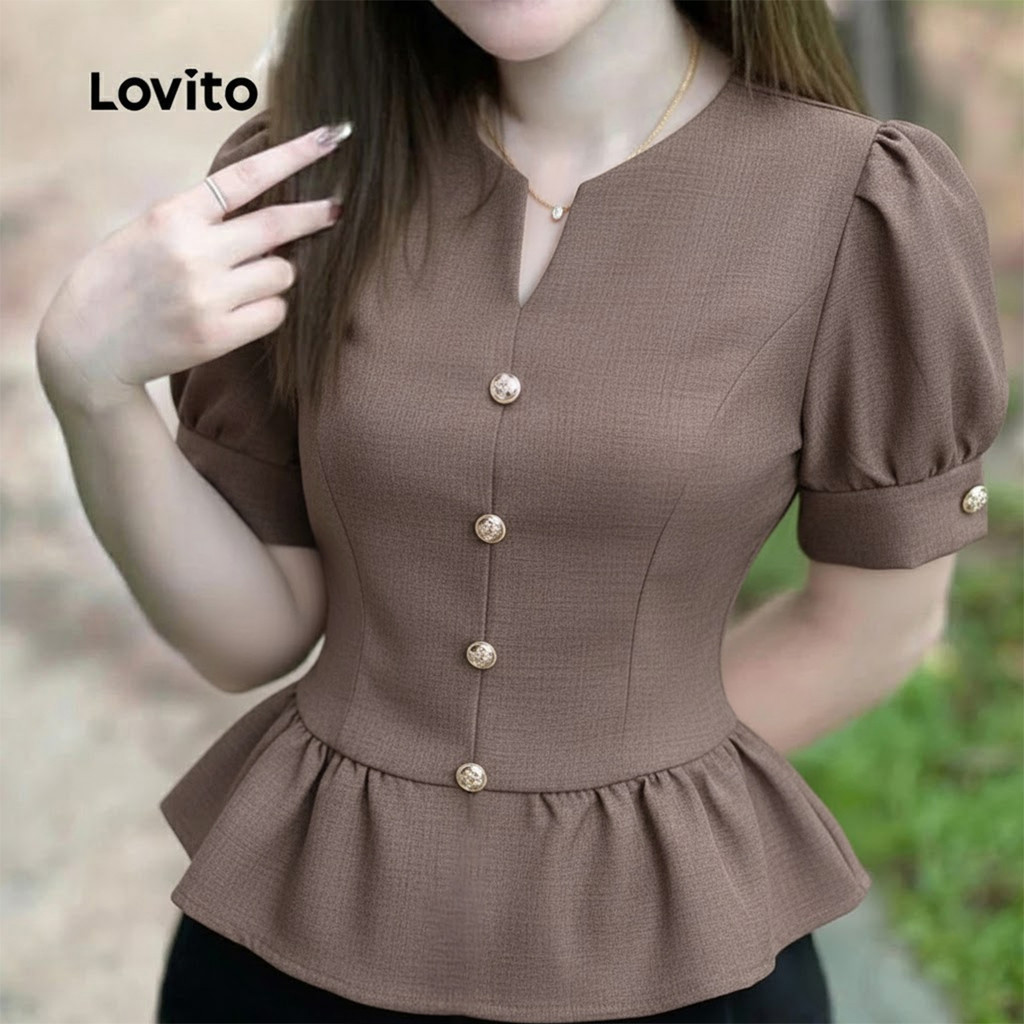 Lovito สง่างาม เสื้อเบลาส์จับจีบฤดูใบไม้ผลิ/ฤดูร้อนสําหรับผู้หญิงสีคากิ L164ED093