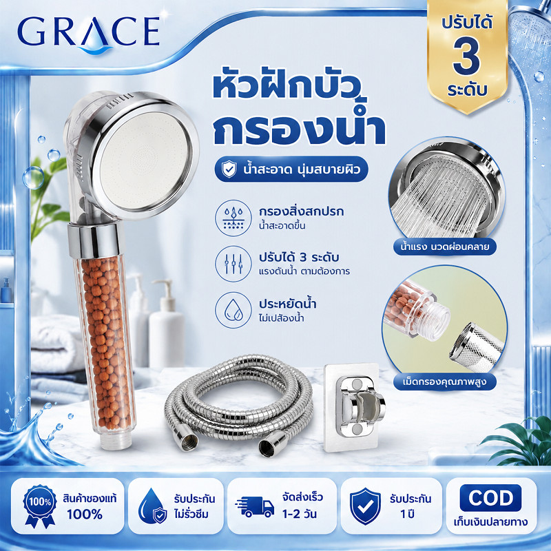 GRACE ชุดฝักบัวกรองน้ำ 3ระดับ กรองสิ่งสกปรก น้ำสะอาด ประหยัดน้ำ แรงดันสูง แถมสายยางสแตนเลส ที่ยึด ติดตั้งง่าย