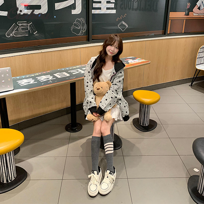 American Retro Star Print Hooded Zip-Up Sweatshirt Jacket Loose Casual Spring Outfit