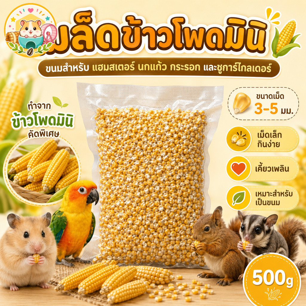 Hamster.lover ข้าวโพดเม็ดเล็กคัดเกรด 500g ขนมแฮมสเตอร์ ชูการ์ กระรอก นกแก้ว สะอาด ปลอดภัย