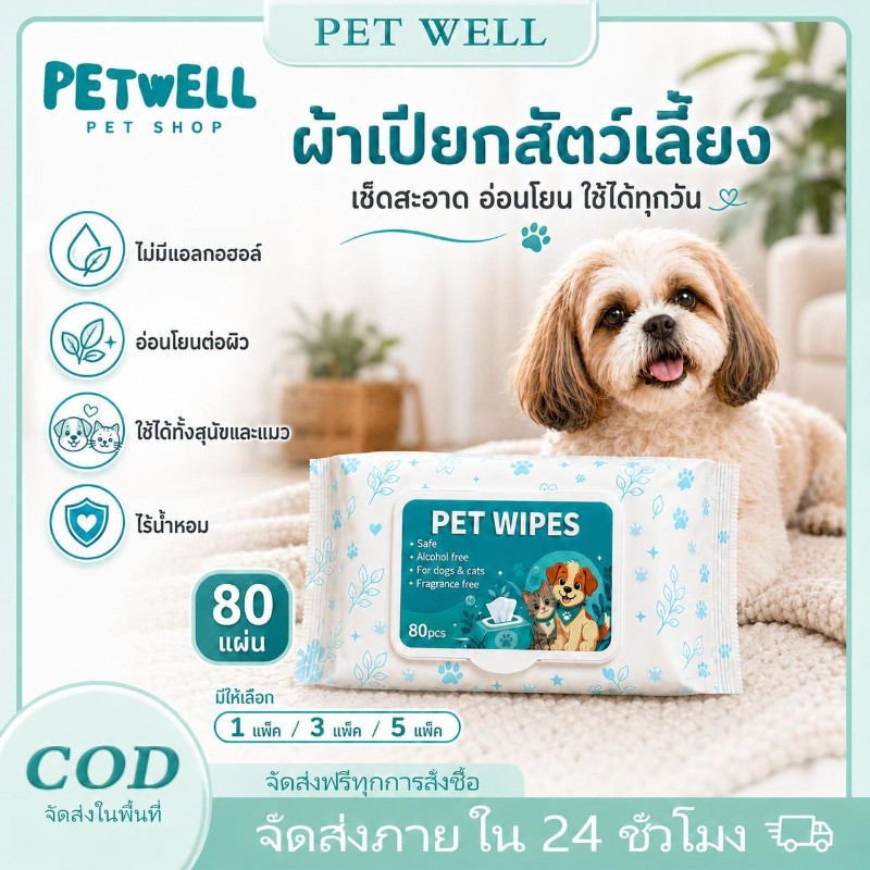 PETWELL ผ้าเช็ดทำความสะอาดสัตว์เลี้ยง 80 ชิ้น ปราศจากแอลกอฮอล์และน้ำหอม ทำความสะอาดอย่างอ่อนโยนสำหรับสุนัขและแมว