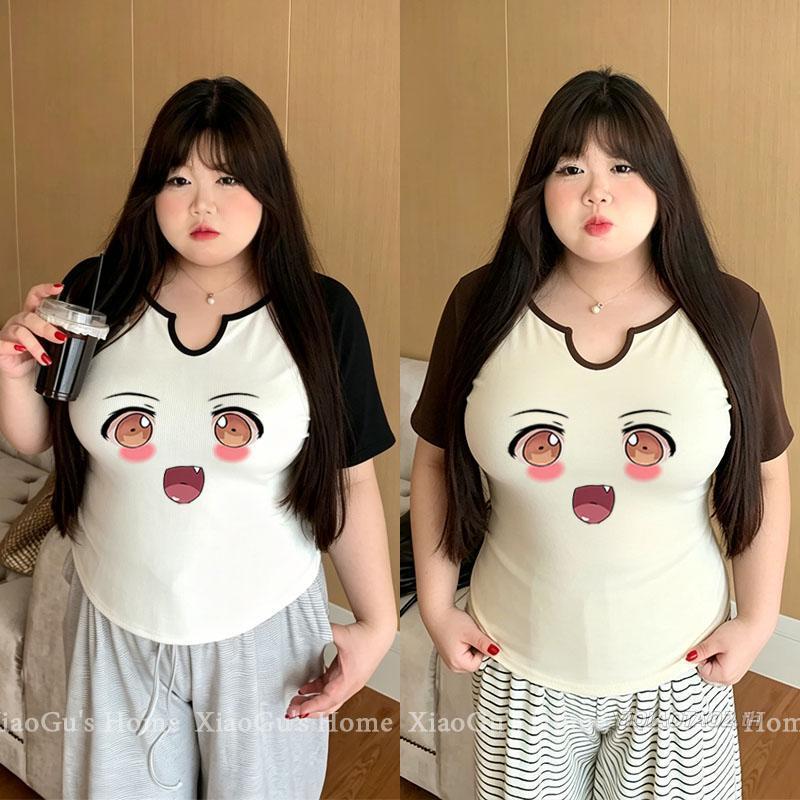 เสื้อผ้าสาวอวบไซซ์ใหญ่ เสื้อยืดทรงจีบธรรมดาสำหรับญิง ลายเสื้อญิง แขนสั้น เสื้อยืดฤดูร้อนสไตล์เกาหลี เสื้อยืดแฟชั่น