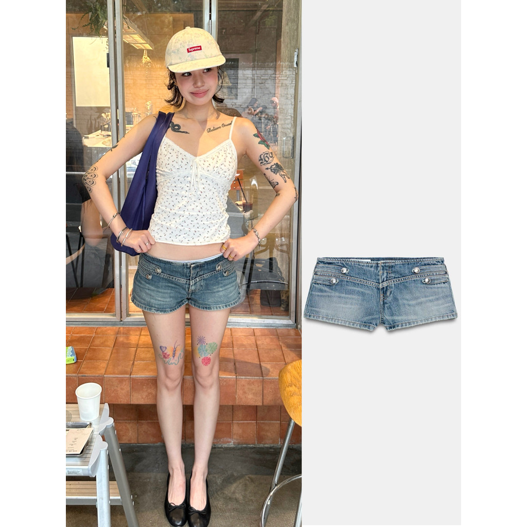 [wu Enemy Pull Legs] Retro Buckle Super Long Legs Slimmer Look Low-Waist American Hot Girl Shorts Lo