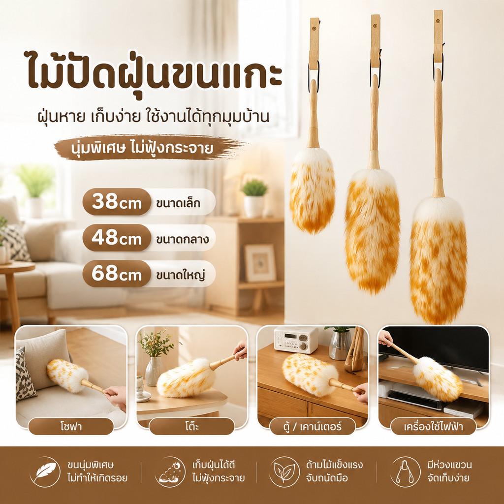 ไม้ปัดฝุ่นขนแกะแท้ พรีเมี่ยม ขนหนานุ่มฟู ไม่ขัดพื้นผิว ทำความสะอาดบ้านและรถยนต์ มี 3 ขนาด 38/48/68ซม