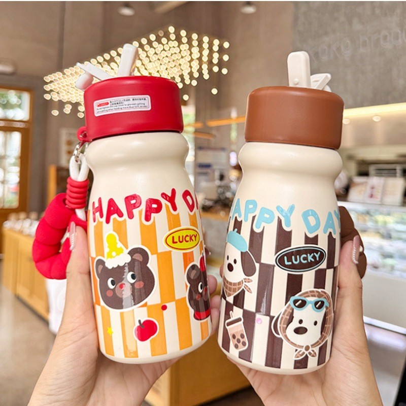 ถ้วยฉนวนสแตนเลสสร้างสรรค์ 500 มล. ขวดน้ําความจุขนาดใหญ่พร้อมฟางถ้วยนักเรียนหูรูดแบบพกพา