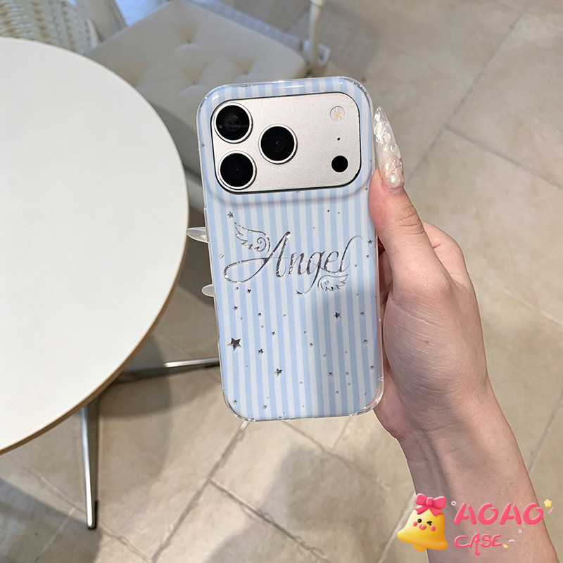 เคสกลิตเตอร์ ตัวอักษรลายสวย Angel สีชมพู‑น้ำเงิน สำหรับ iPhone 17 Air 13 11 12 16 14 15 Plus 17 Pro Max X Xs Xr Xs Max