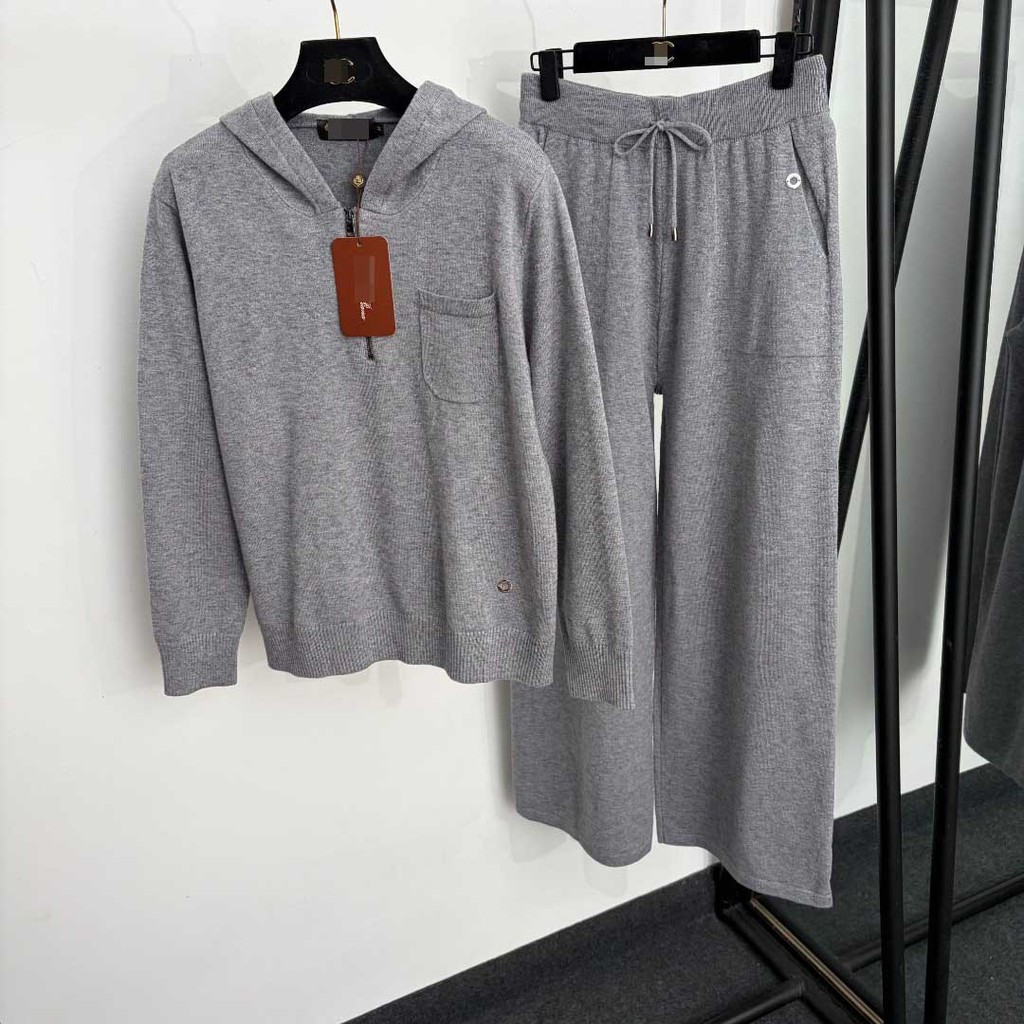 N7UC Lor* P*  New knitted suit with metal ring decoration, long-sleeved hooded half-zip knitted swea
