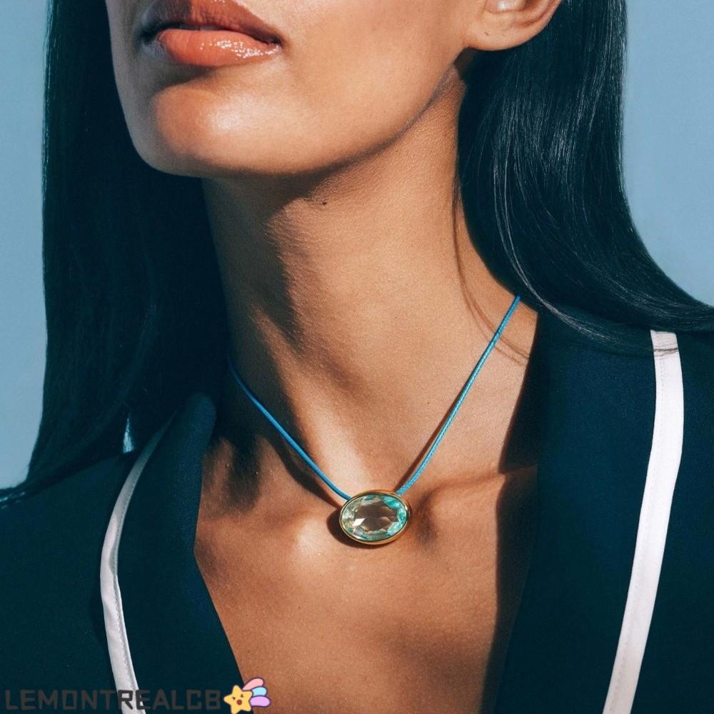 LEMONTREALCB สร้อยคอจี้คริสตัล,รูปไข่ตัดอัญมณีสายบางทอง BEZEL Choker, Elegant ขนาดใหญ่คริสตัลสีสัน W