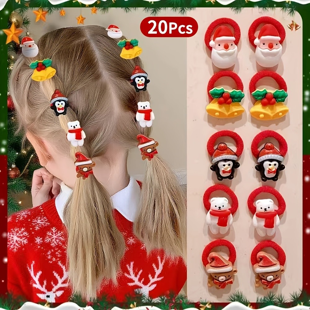 20 ชิ้นคริสต์มาสผูกผมสําหรับสาว, Santa Reindeer Snowman รูปแบบผมวง Xmas ของขวัญปีใหม่
