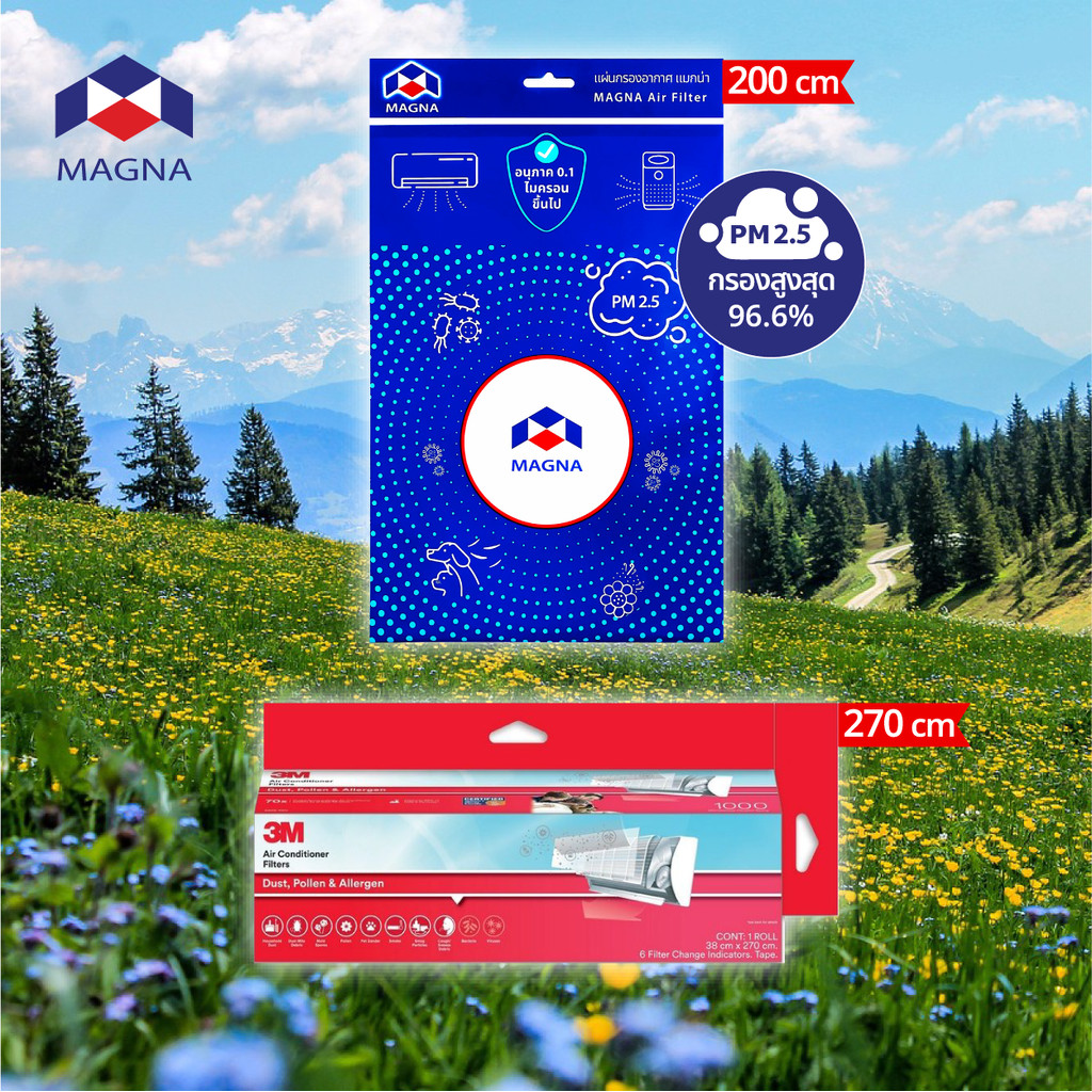 แผ่นกรองฝุ่น PM2.5 3M 9808 กล่องแดง / แมกน่า ซองน้ำเงิน กรองอากาศ สำหรับแอร์ เครื่องฟอกอากาศ MAGNA แ