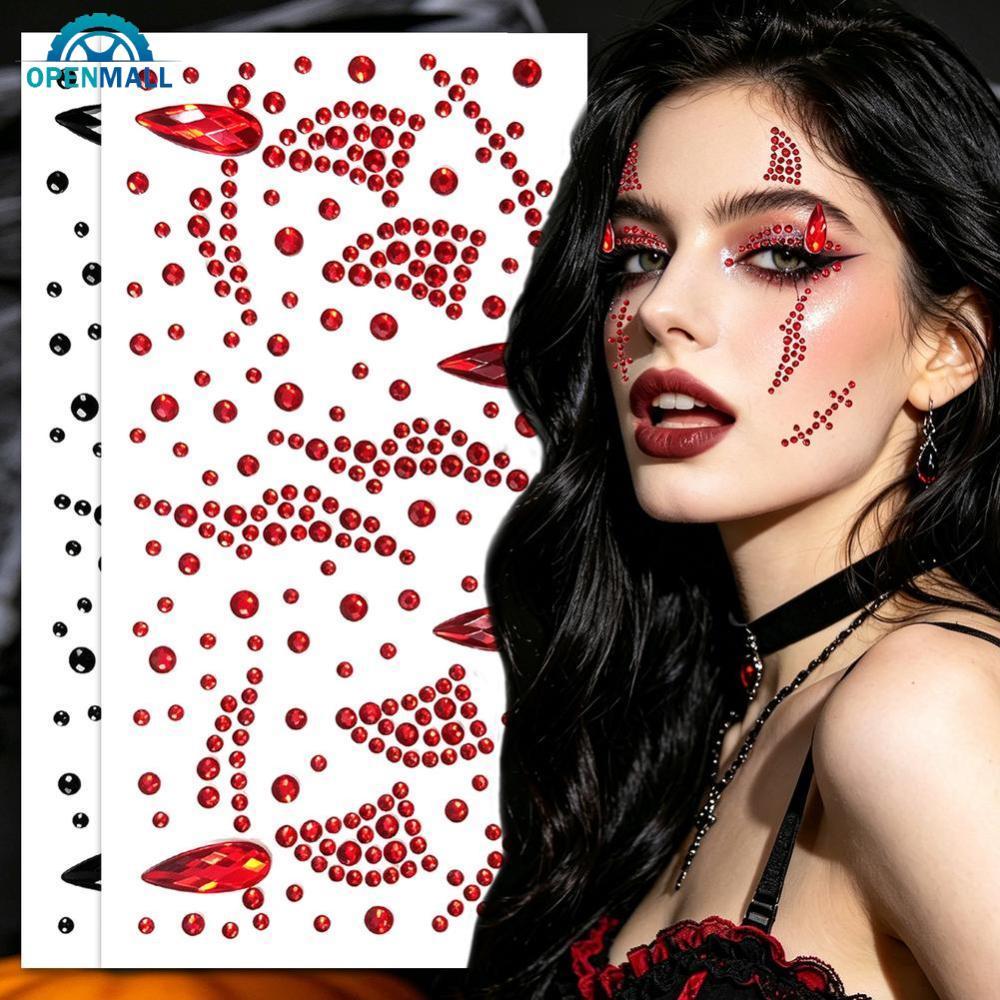 OPENMALL ฮาโลวีน Face Rhinestone สติกเกอร์สีแดงสีดํา Spider Web Cross Scar อัญมณี Decals 3D ประกายคร