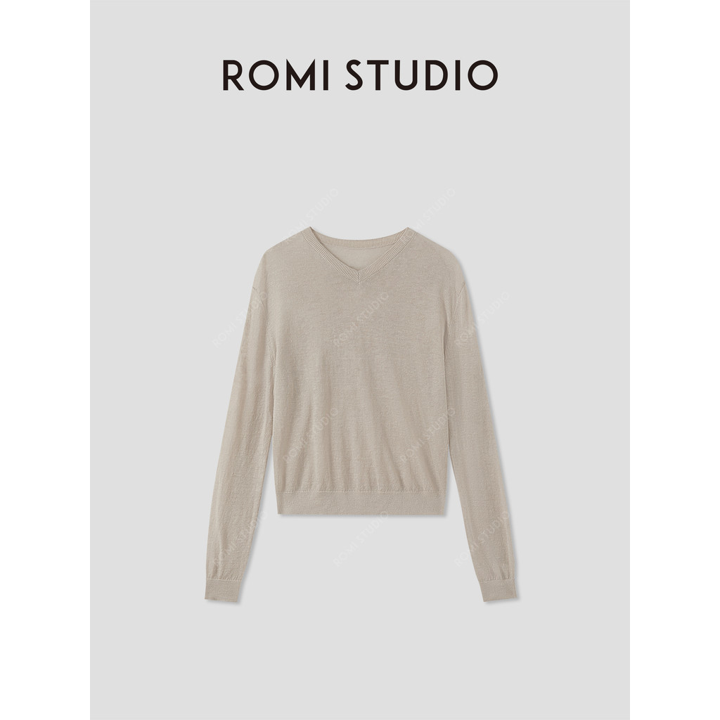 R ROMI STUDIO ยุโรปนําเข้าผ้าลินินคอวีจีบเสื้อกันหนาวแขนยาวน้ําหนักเบา RWCRSZ3344
