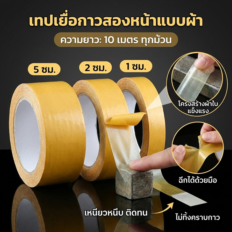 เทปผ้าสองหน้า ฉีกได้ด้วยมือ ไม่ต้องใช้กรรไกร เทปกาวสองหน้าตาข่าย เหนียวแน่น ไม่ทิ้งคราบกาว ยาว 10เมตร ติดพรม พื้นไม้