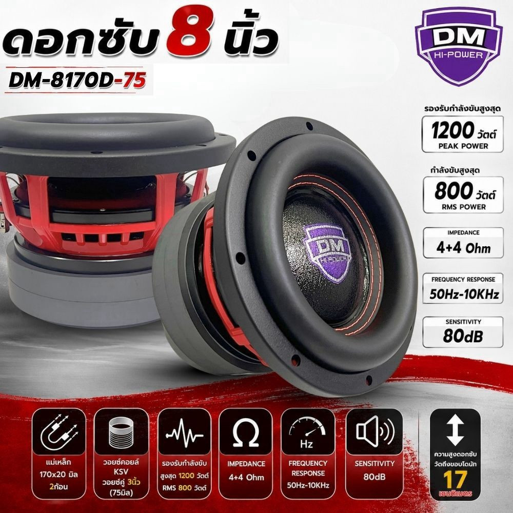 DM POWER รุ่น DM-8170D-75 -ราคา1ดอก-ลำโพงซับวูฟเฟอร์ติดรถยนต์ วอยซ์คู่ 8 นิ้วขอบโดนัทเย็บขอบ2ชั้นเบส