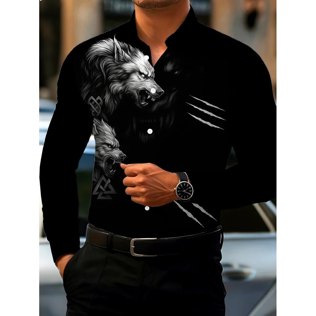 เสื้อแขนยาวผู้ชาย 3D เหมือนจริงหมาป่ารูปแบบพิมพ์บุคลิกภาพด้านบนกลางแจ้ง Streetwear อินเทรนด์หลวม Hig