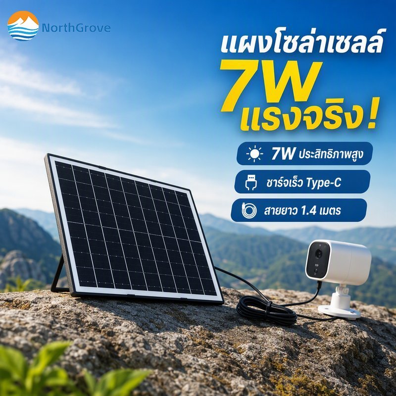 แผงโซลาร์เซลล์ 7W โมโนคริสตัล กันน้ำ ชาร์จพลังงานแสงอาทิตย์ สาย Type C ยาว 1.4M