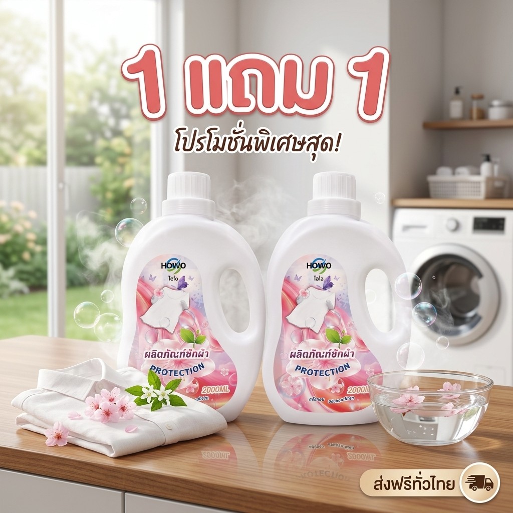 (1 เเถม 1 )น้ำยาซักผ้า HOWO ขนาด 2000 มล. ขจัดคราบลึก หอมละมุน อ่อนโยนต่อผ้า