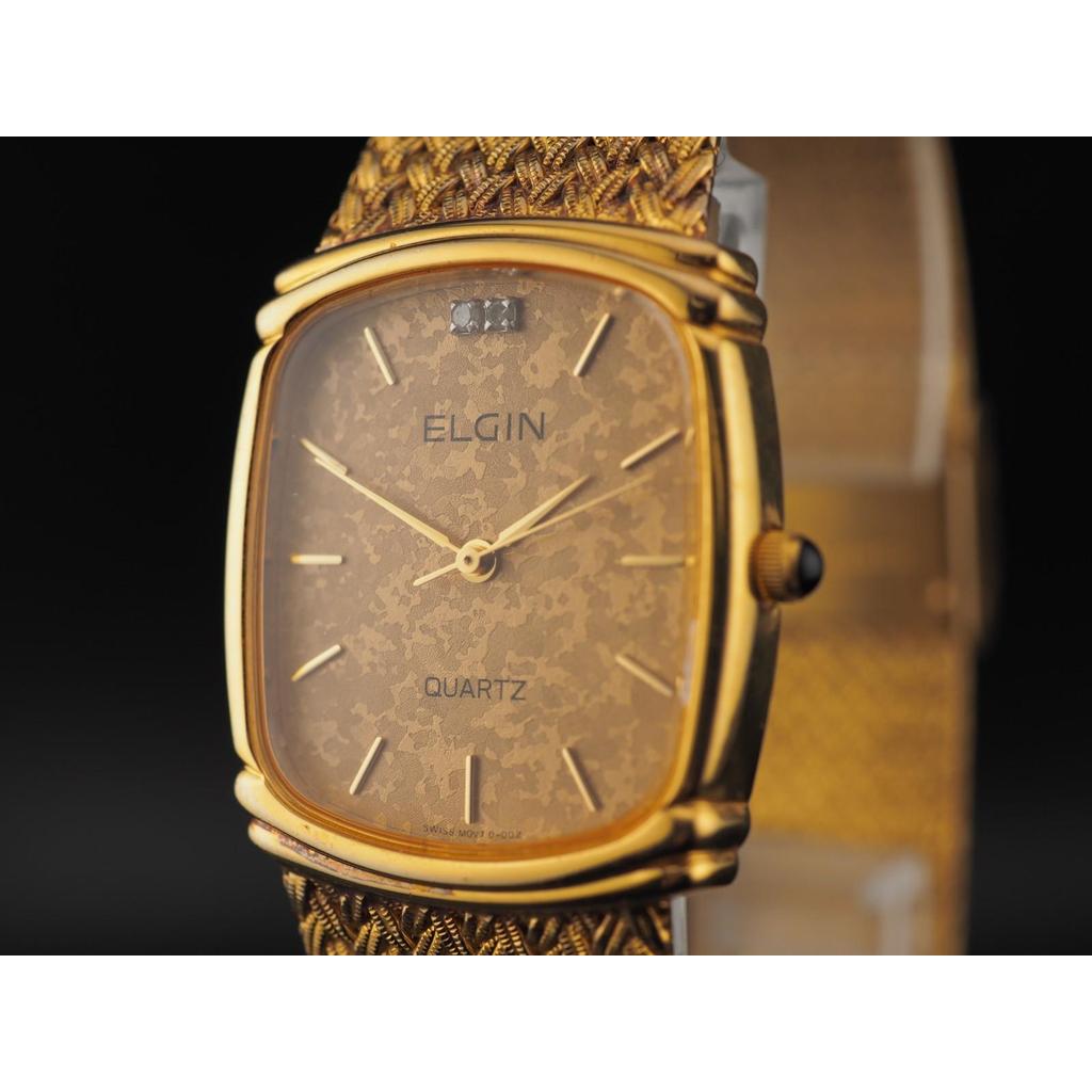 Vintage Elgin FK282 Gold Dial Tonneau 2 Jewels Quartz 26mm Mens Watch JAPAN