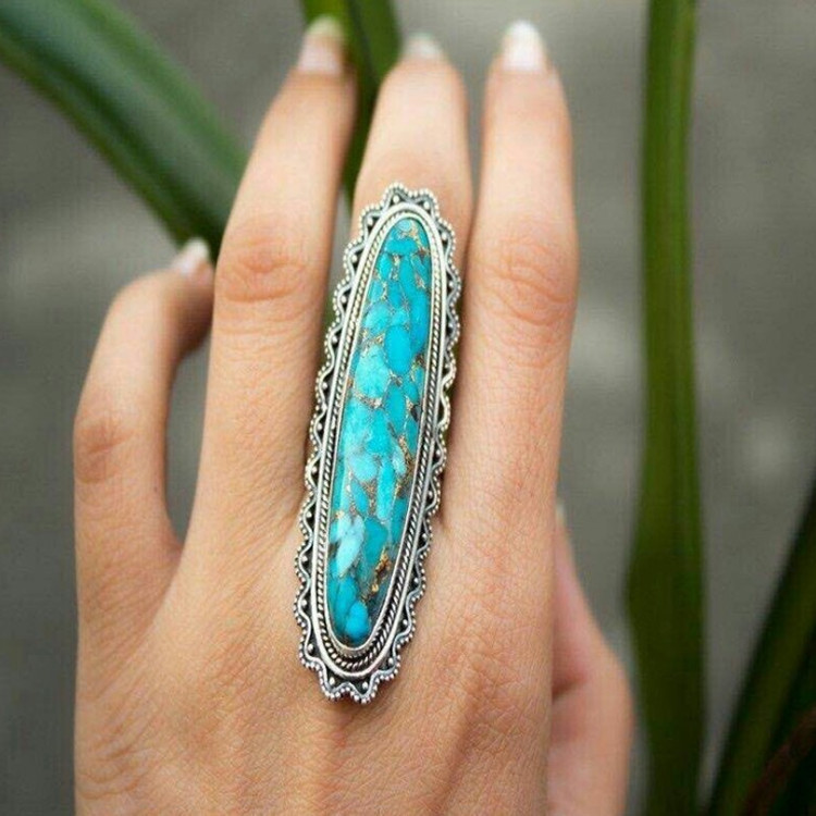 Chenrui Compound Style Blue Grid Turquoise Ring เครื่องประดับแหวน 9.10