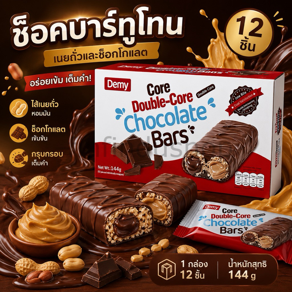 ช็อคบาร์ทูโทน เนยถั่วเเละช็อคโกแลต (12ชิ้น ) 144g.