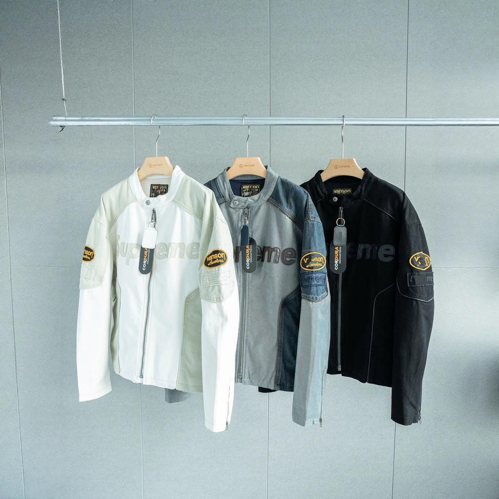 I9ZS SUP x Van Joint ผู้ชายผู้หญิงหนังโลโก้รูปลอกซิปเย็บ Street Jacket