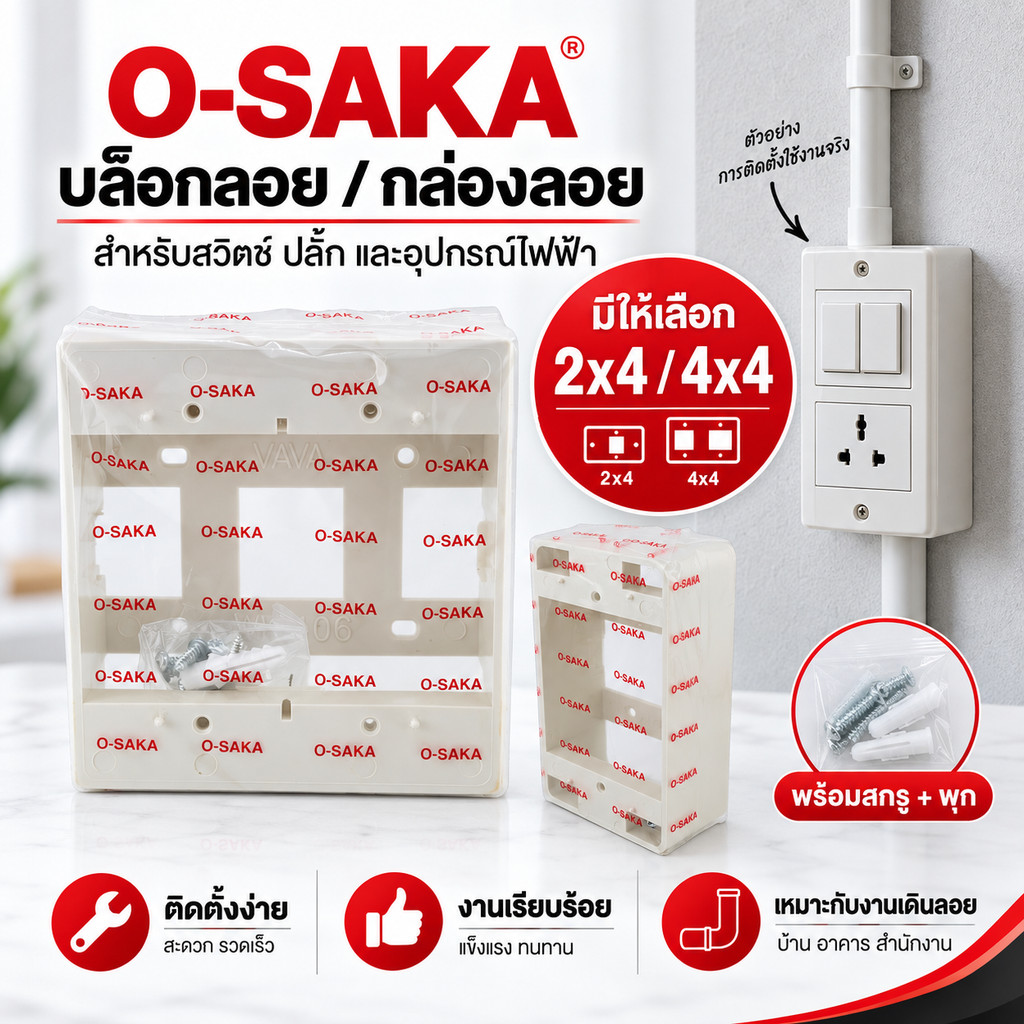 Osaka กล่องลอย บล็อกลอย กล่องลอยไฟฟ้า 2 × 4 นิ้ว 4 × 4 นิ้ว กล่องติดผนัง พลาสติกหนา สำหรับปลั๊ก สวิตช์ เต้ารับ