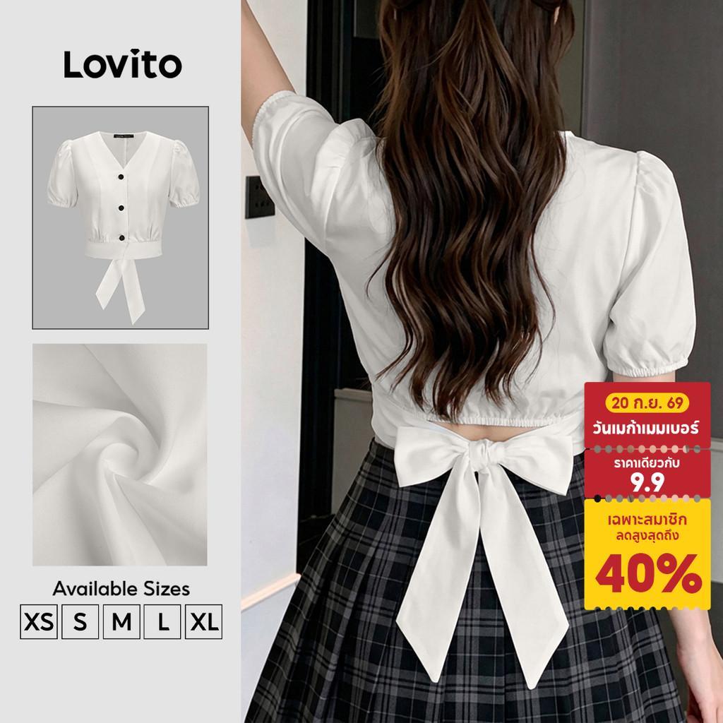 Lovito เสื้อเบลาส์ผู้หญิง ผูกโบว์ กระดุมด้านหน้า สไตล์เรียบหรู สําหรับฤดูใบไม้ผลิ/ฤดูร้อน สีแอปริคอต BLK8P2D1043
