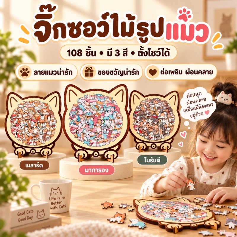 พร้อมส่ง จิ๊กซอว์ไม้แมว 135 ชิ้น DIY ฝึกสมาธิ ของเล่นเสริมทักษะ ผ่อนคลาย ต่อเสร็จตั้งโชว์ได้ ของขวัญน่ารัก
