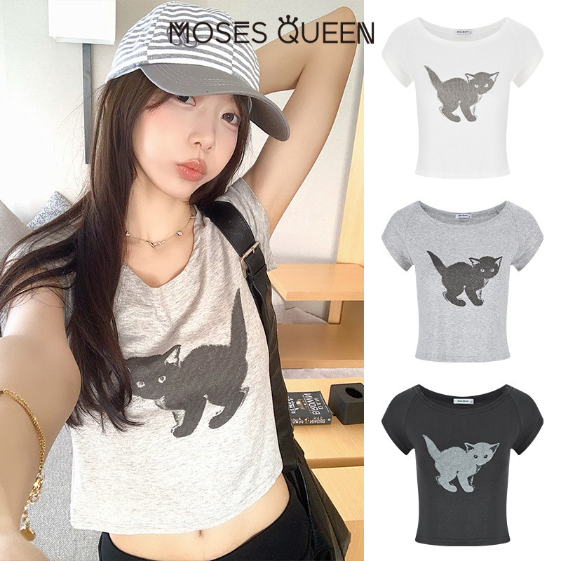 MOSESQUEEN تيشيرت بطباعة قطة سوداء ريترو — صورة 6