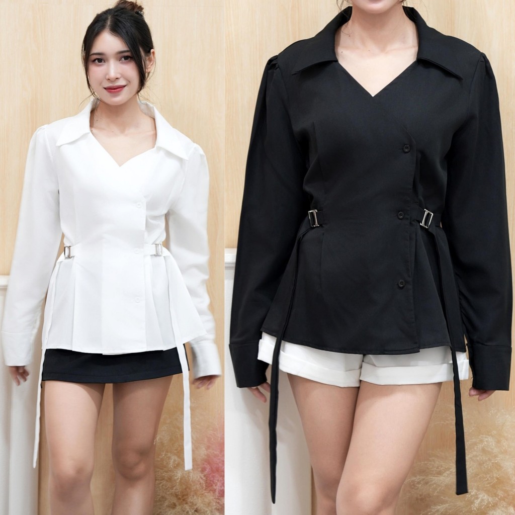 เสื้อเชิ้ตแขนยาวแต่งเข็มขัดรัดเอว เนื้อผ้าคอตตอน ทรงสวยเข้ารูป เรียบหรูดูแพง เหมาะกับสาวออฟฟิศ ใส่เที่ยว ใส่ทำงาน