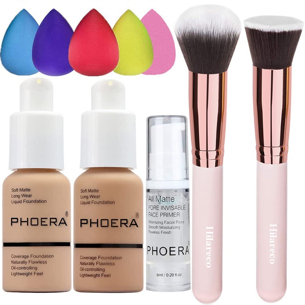 PHOERA Foundation 104 และ 105 & Face Primer, Liquid Full Coverage Foundation Set,แปรงแป้งรองพื้น,5 ฟ