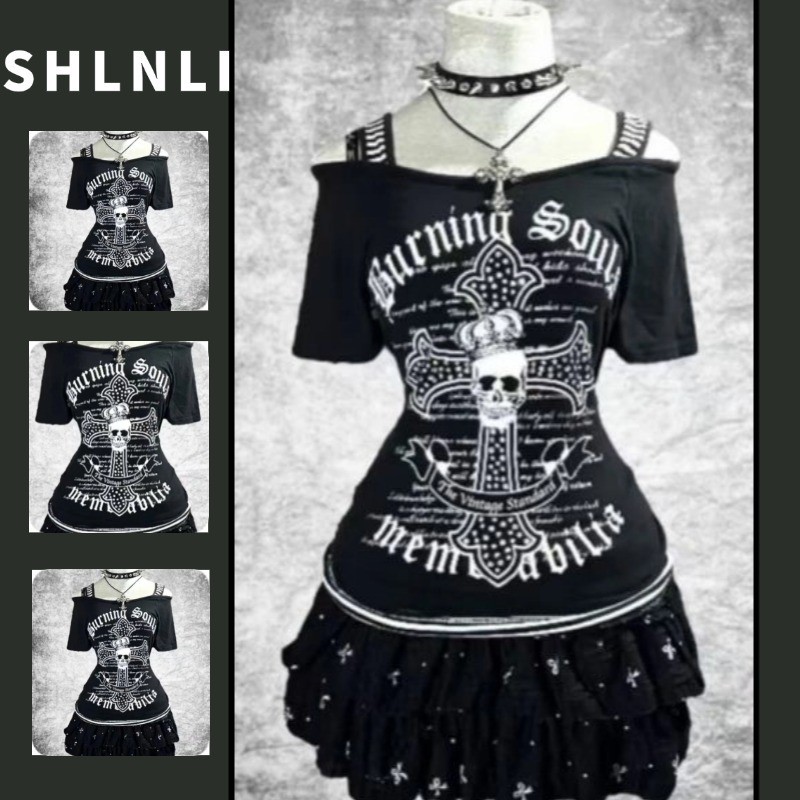 American Womens Letter พิมพ์เอว Cinched เสื้อยืดแขนสั้นฤดูใบไม้ผลิและฤดูร้อน Y2k หนึ่งไหล่ด้านบน