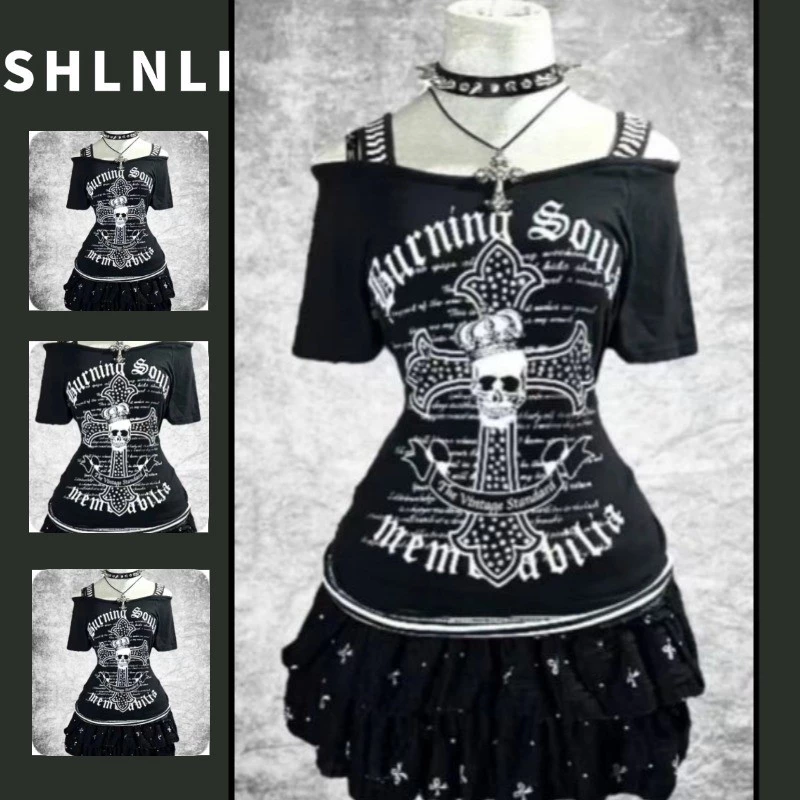American Womens Letter พิมพ์เอว Cinched เสื้อยืดแขนสั้นฤดูใบไม้ผลิและฤดูร้อน Y2k หนึ่งไหล่ด้านบน