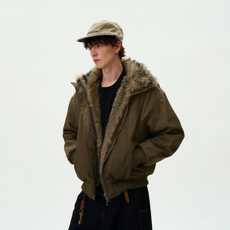 Baolongxin ฤดูหนาวอเมริกัน Retro Aviator เสื้อแจ็คเก็ต Faux Fur Collar, หลวม Fit Unisex Cotton-Padded Coat สําหรับสไตล์ลําลอง - รูปที่ 2