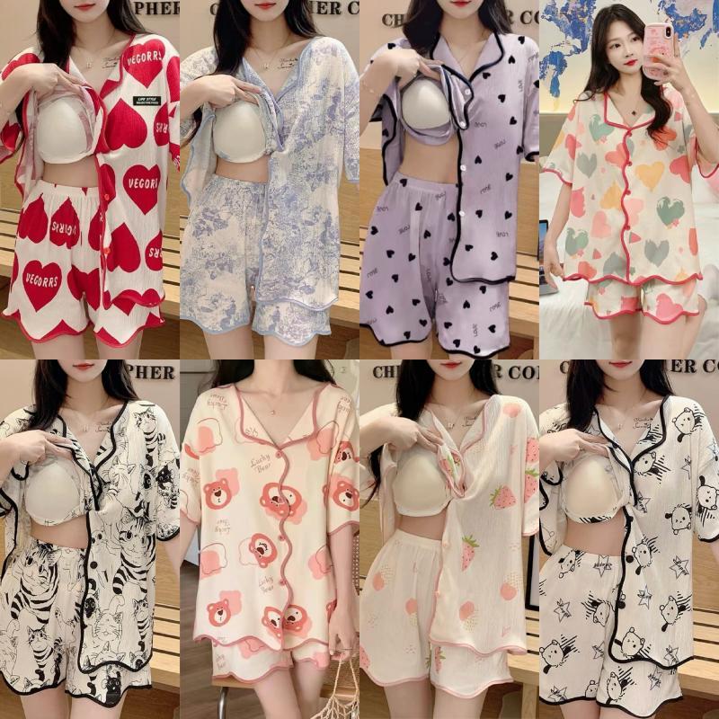 Anataจัดส่งจากกรุงเทพชุดนอนผู้หญิง มาพร้อมกับแผ่นรองหน้าอก ชุดนอนแขนสั้น ลายน่ารัก ผ้าฝ้าย ขา สั้น +เสื้อ Clothing Women