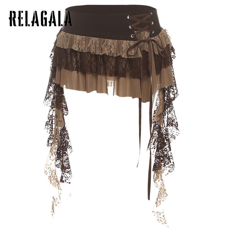 RELAGALA กระโปรงมินิสำหรับผู้หญิง แบบสลิตและลายซิปเปิดเผย ดีไซน์เซ็กซี่