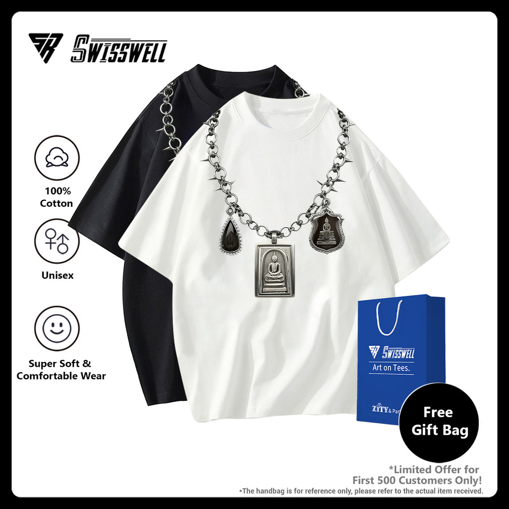 SwissWell 👕 T-Shirt เสื้อยืดผ้าคอตตอน 100% แบบ Oversize Unisex คอกลม ใส่สบาย ลาย Buddha amulets ต้อง