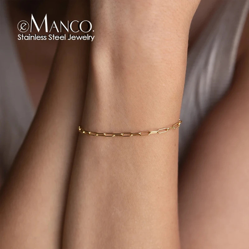 สร้อยข้อมือสแตนเลสสีเงิน EManco ดีไซน์.Minimalist Link Chain สำหรับทุกวันและของขวัญ