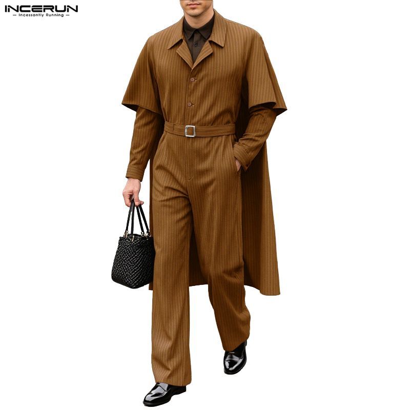 INCERUN ผู้ชายวินเทจธุรกิจหล่อLapel Cape Splicingเสื้อเข็มขัดตรงกางเกงลายชุด