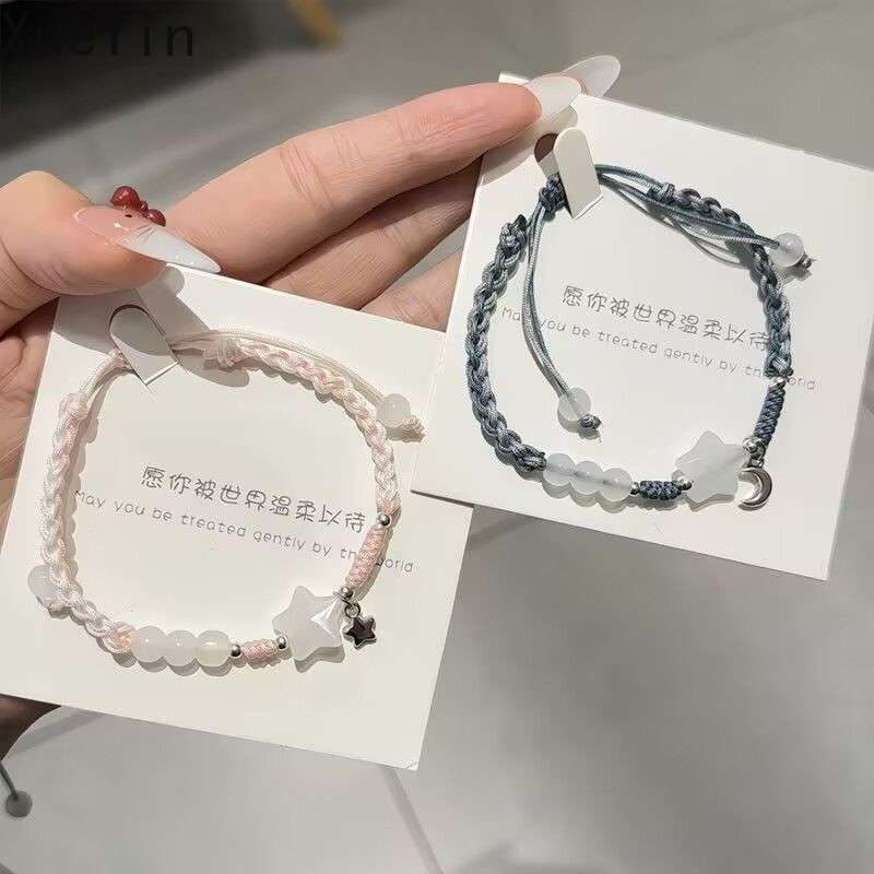 สร้อยข้อมือถักปรับขนาดได้ ออกแบบดวงจันทร์และดาว กับลูกปัดเหมือนหยก สำหรับคู่รักที่โรแมนติก