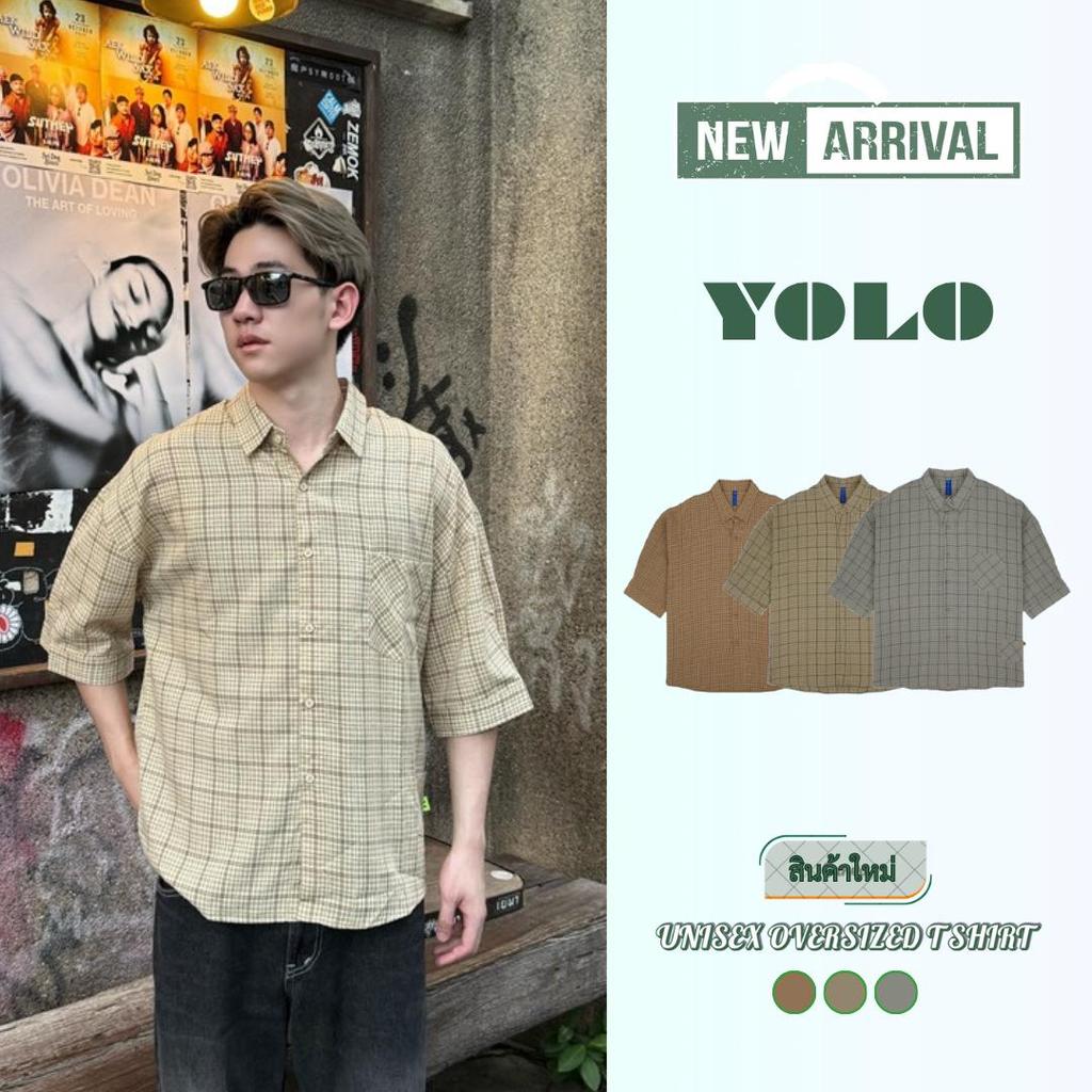 YOLO เสื้อเชิ้ต OVERZISE เสื้อเชิ้ตผู้ชาย เสื้อเชิ้ตลายทาง แขนยาว ติดกระดุมหน้า Y252361