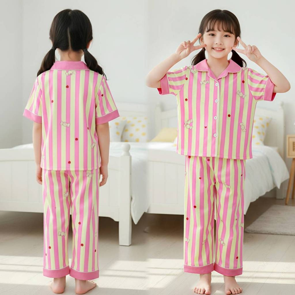 PINKชุดนอนเด็กแขนสั้นขายาว คอปก กระดุมหน้า สีสันสดใส ผ้าคอตตอนผสม