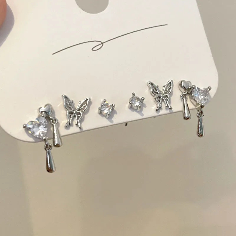 Y2K 6Pcs/set Silver Color Rhinestone Butterfly Stud Earrings for Women Fashion Punk Heart Earring Se