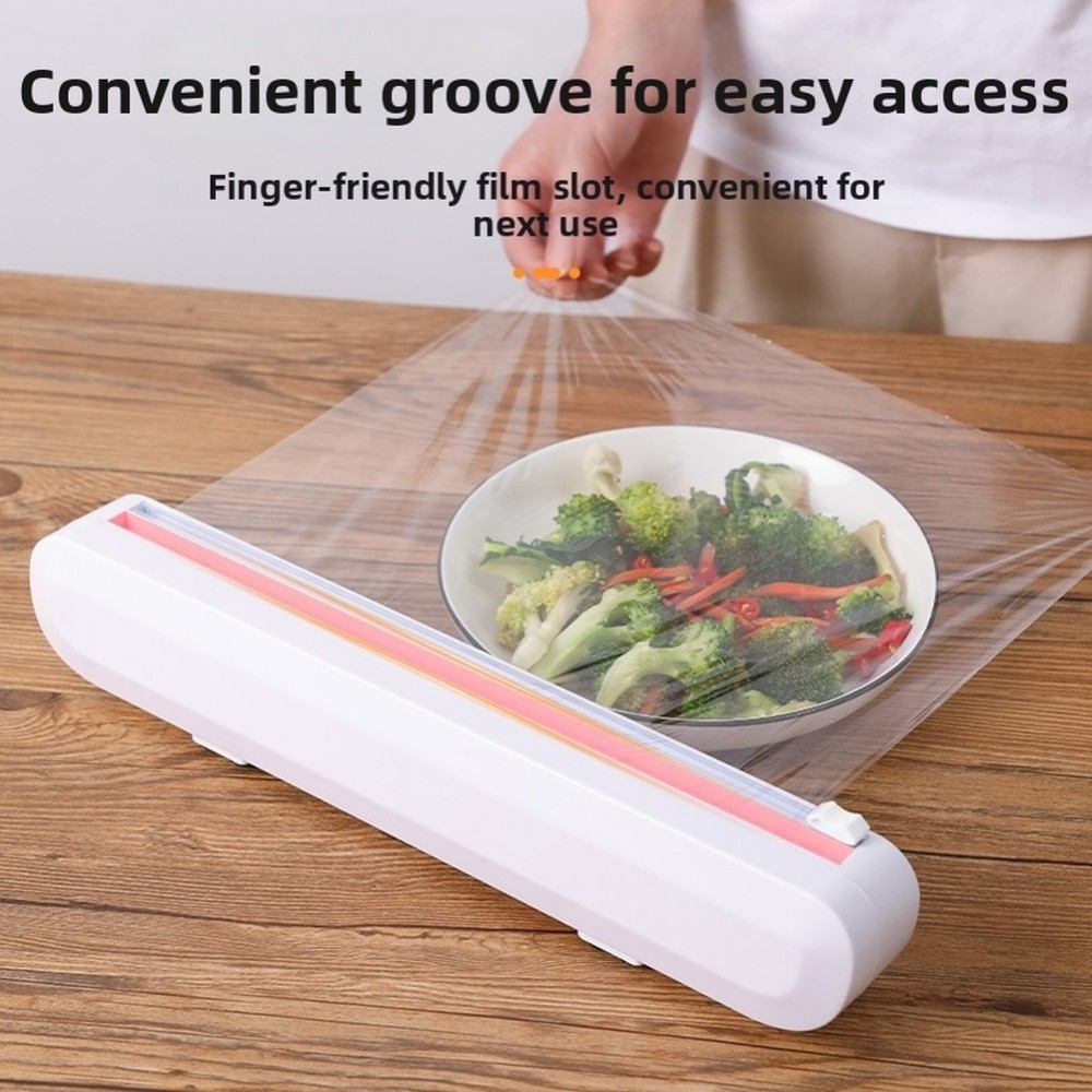 White Plastic Wrap Holder with Suction Cups and Slide Cutter for Food Wrap Rolls
