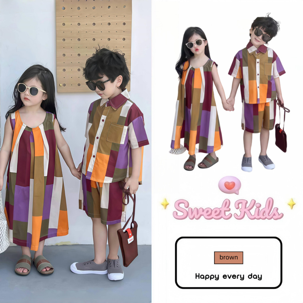SweetKids พร้อมส่งจากกทม🌸ชุดเด็กฤดูร้อน🍓ชุดพี่สาวและน้องชาย เสื้อเชิ้ตแขนสั้นสําหรับเด็กผู้ชาย เดรสเด็กผู้หญิง