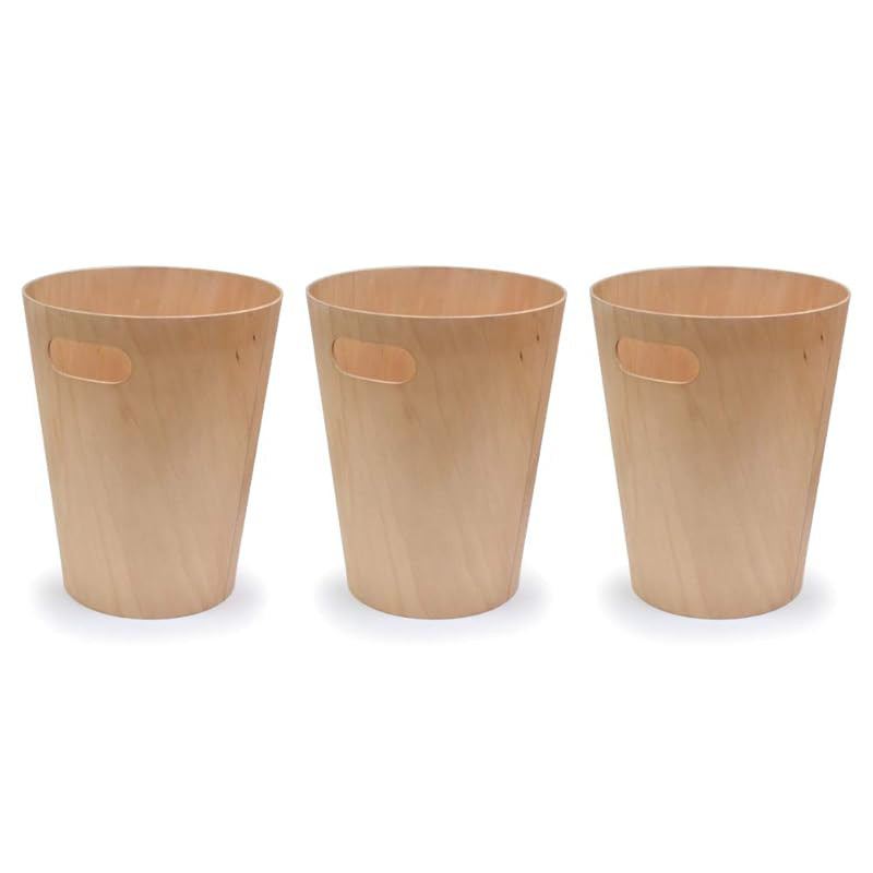 Umbra Wooden Waste Basket - Round, Open Top, Natural Finish, 7.5L, WOODROW (Set of 3)