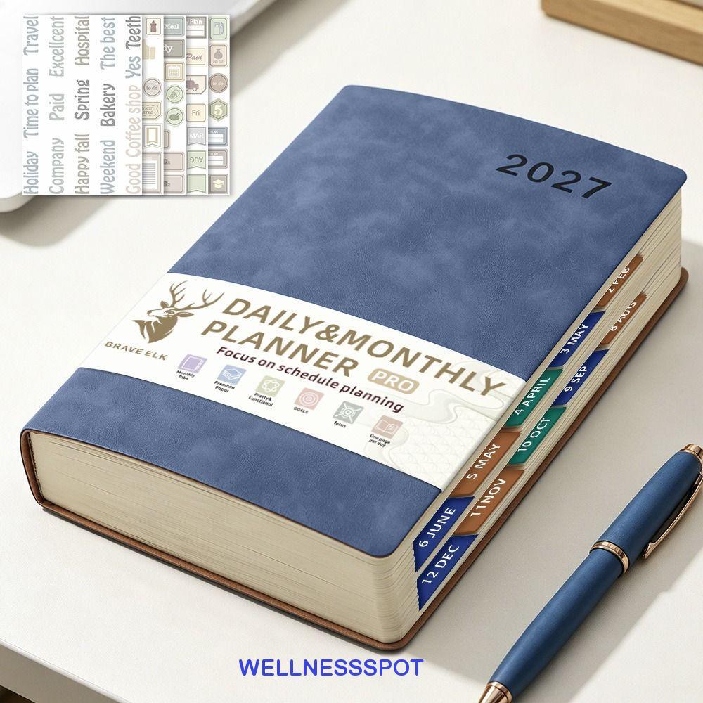 WELLNESSSPOT 2027 Schedule Planner Notepad, ทนต่อการสึกหรอ 12 เดือน A5 สมุดบันทึกวางแผนวาระ, สมุดบันทึกปฏิทินภาษาอังกฤษกระดาษหนาปกหนังไดอารี่แผ่นเขียนนักเรียน