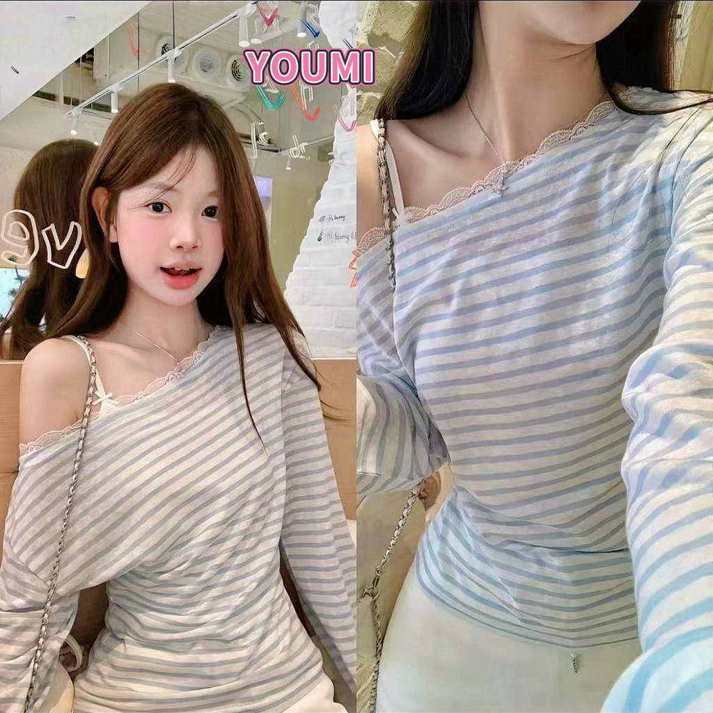 YOUMI ส่งไวจากไทย เสื้อคลุมผู้หญิง ลายทางสีฟ้า แต่งลูกไม้ แขนยาว สไตล์เกาหลีน่ารัก