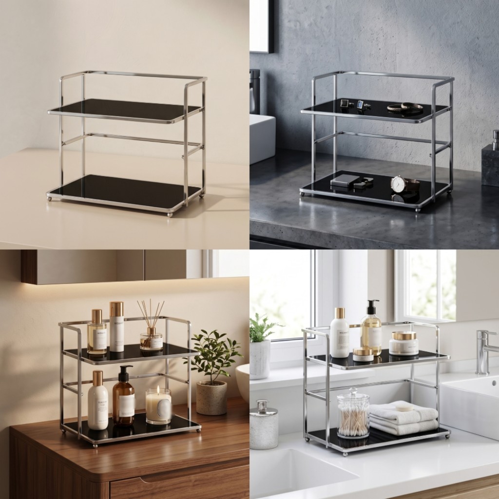 Tabletop Storage Rack Sturdy Desktop Organizer มีล้อ 2 ชั้น Mini Cart ยาวนานโลหะ Rolling Cart Rust-R